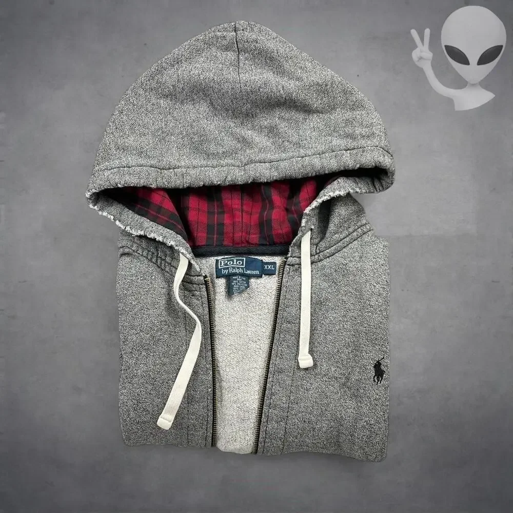 Polo Ralph Lauren Hoodie Size 2XL Grey Full Zip Plaid Lined Hood Jacket vintage - Picture 6 of 6